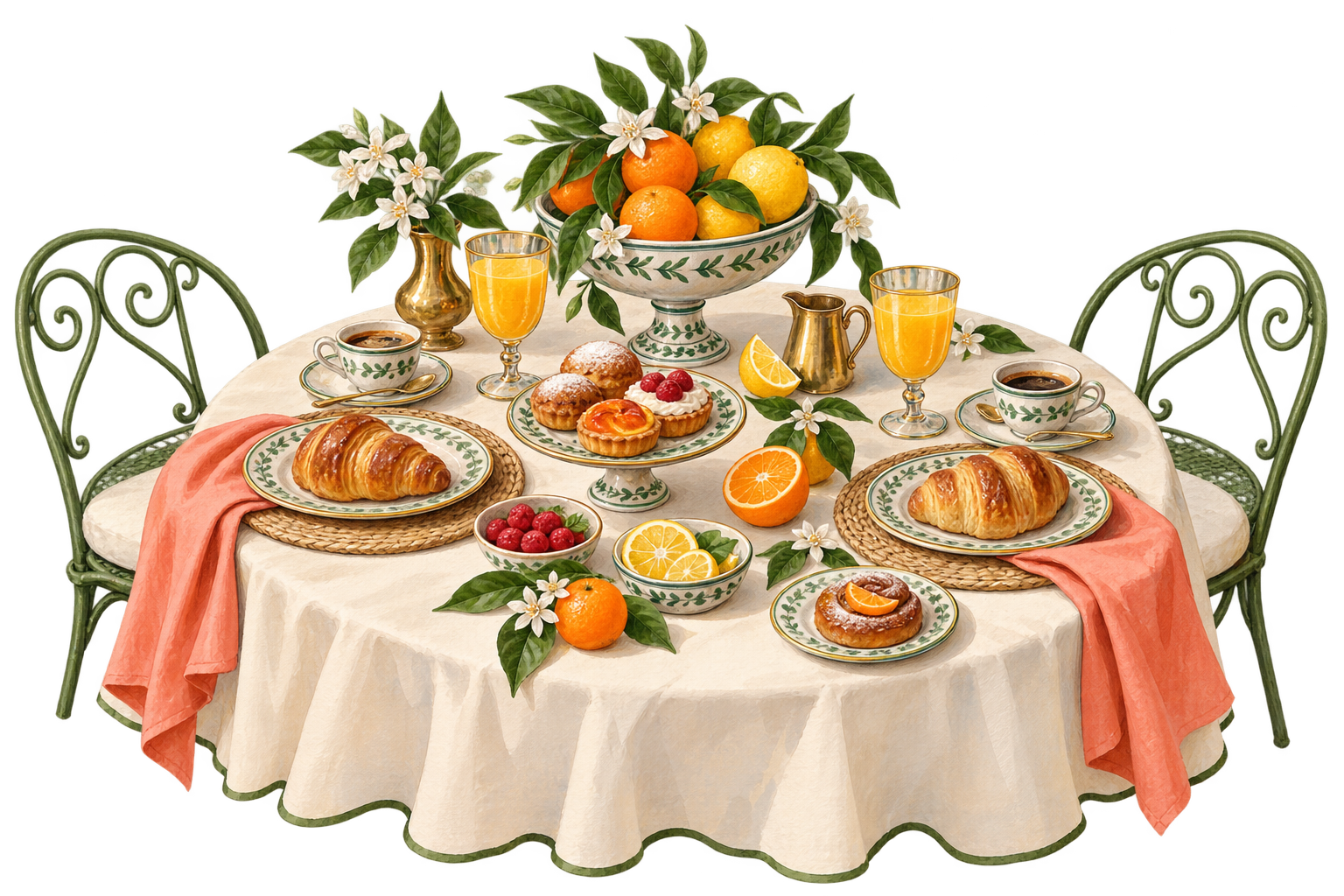 Table de brunch Dolce Vita avec viennoiseries, café et agrumes