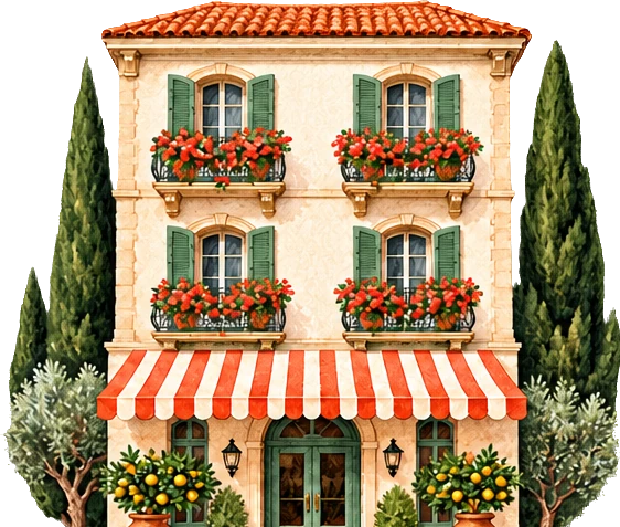Illustration d’un hôtel méditerranéen fleuri