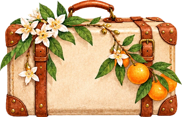 Valise ancienne décorée de fleurs d’oranger